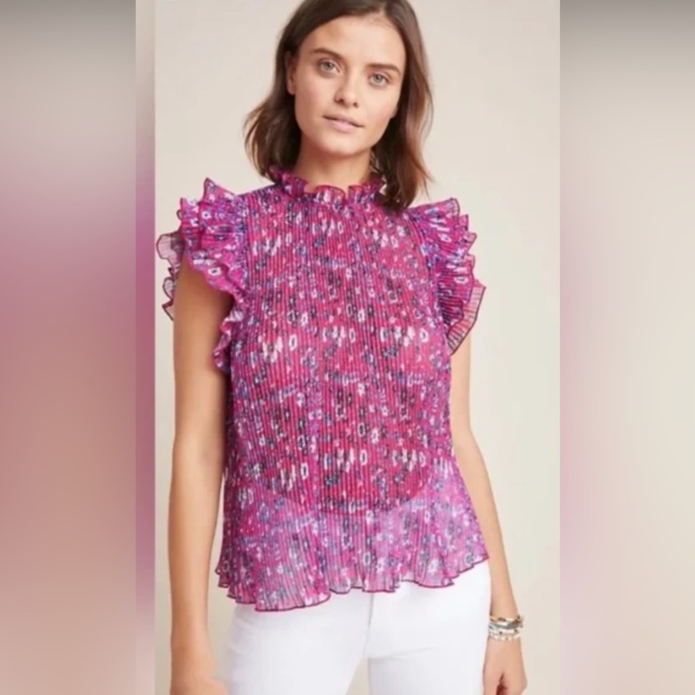Anthropologie Pink and Purple Ruffled Blouse